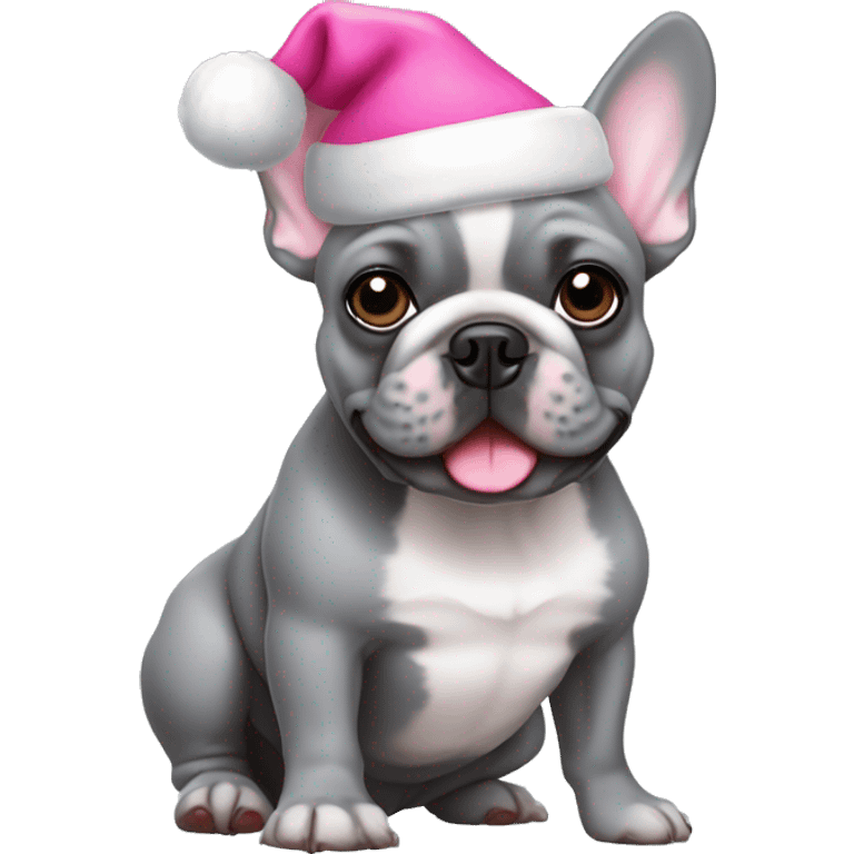 Gray French bulldog with pink Santa hat emoji