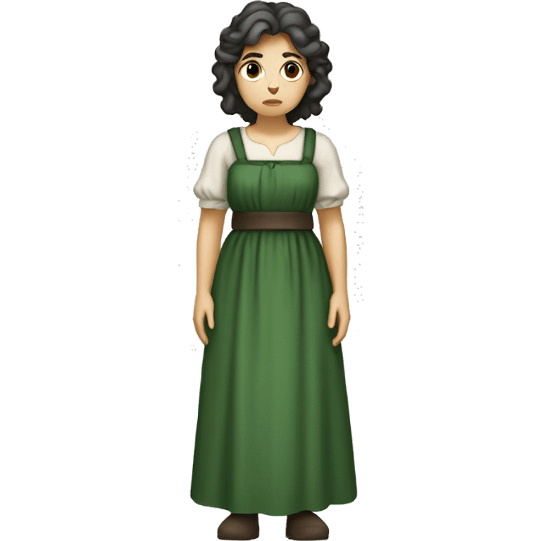 sad shepherdess, white skin, dark hair and green dress whole body emoji emoji