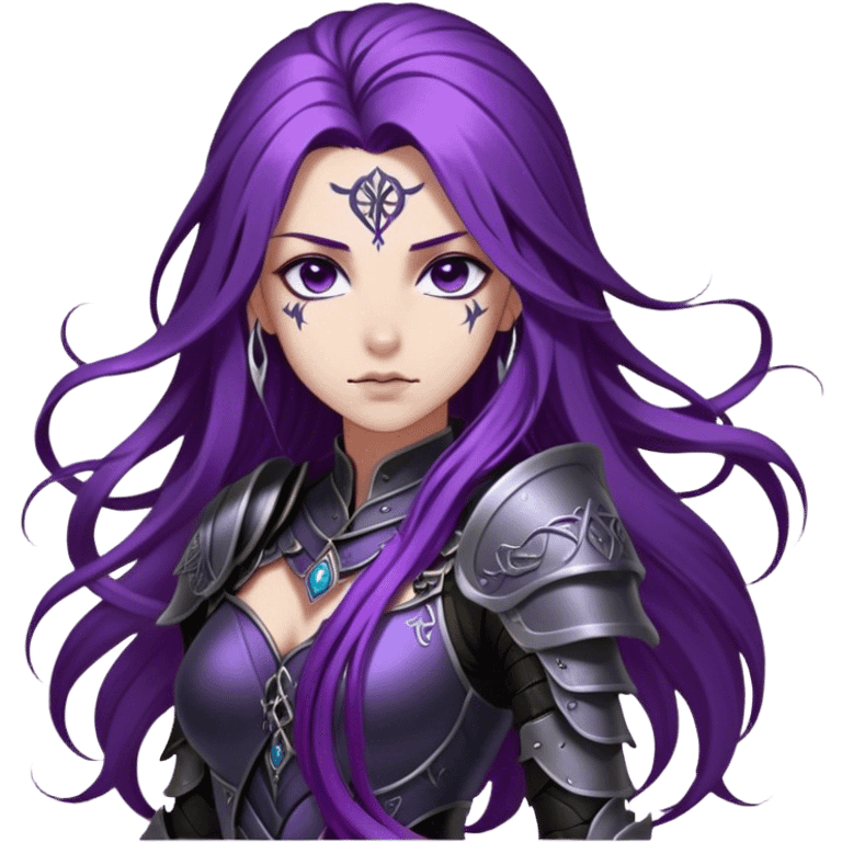 A mysterious warrior girl with long, flowing purple hair cascading down her back, strands catching the dim light like silk. Her piercing violet eyes glow. She wears sleek black armor, a perfect fusion of elegance and lethality, adorned with intricate silver engravings resembling ancient runes.  emoji