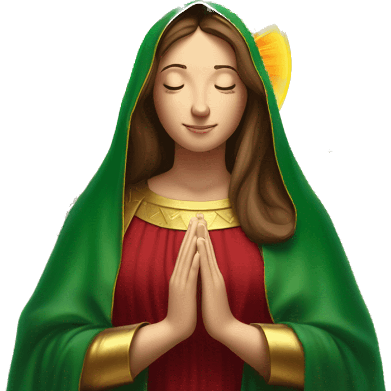 Virgin Mary: kind face looking down at the left, long brown hair, Wearing an emerald green  robe with gold stars and a burgundy red dress,  Hands in prayer or blessing. Halo around her head. standing in front of a big sun. colorful roses on the sides  emoji