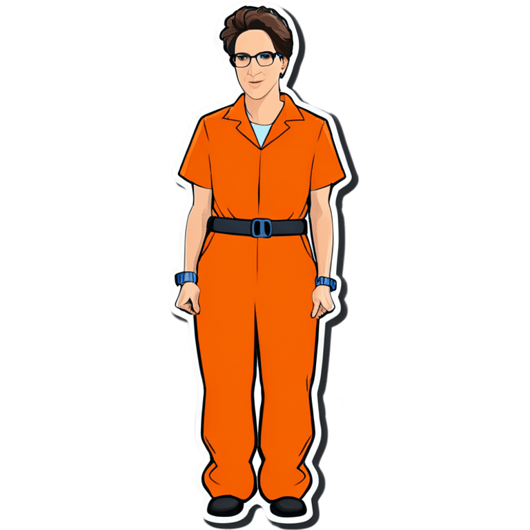 Rachel maddow in handcuffs  behind her back with an orange jumpsuit emoji