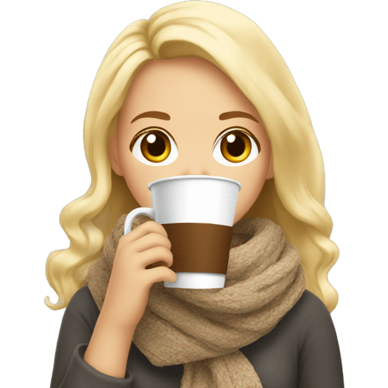 Girl cute blonde cozy in a scarf drinking coffee emoji