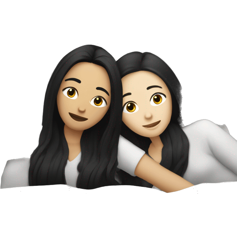 Lesbians with long black hair and white skin laying in bed together emoji