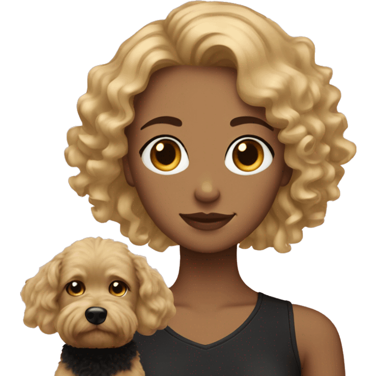 Curly blonde medium hair girl with a black short dog emoji