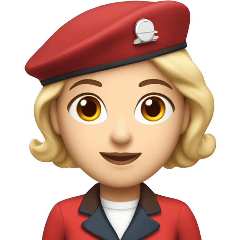 A white flight attendant in a red uniform and a red beret with brown eyes emoji