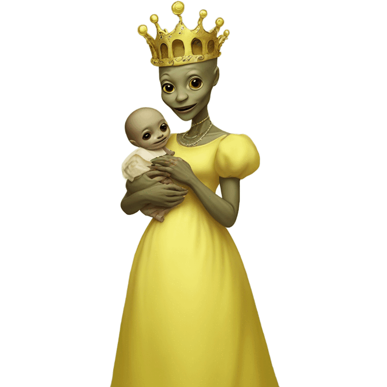  Reptilian alien woman, full body, in victorian jellow elegant dress, have a crown,holds a newborn humman baby emoji