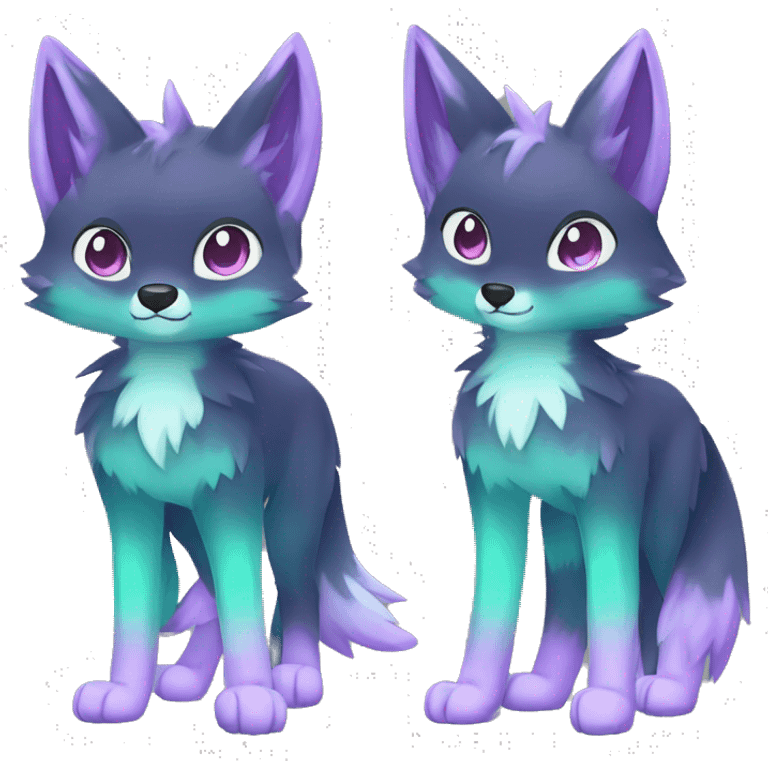 Cute cool black nebula green blue purple pink animal silver fox hybrid Fakemon full body emoji