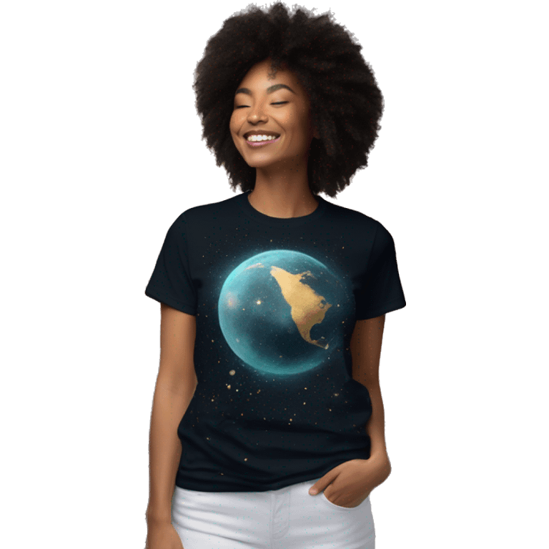 Person wearing T shirt with vintage gilded earth on t shirt with nebulas galaxies and constellations t shirt emoji