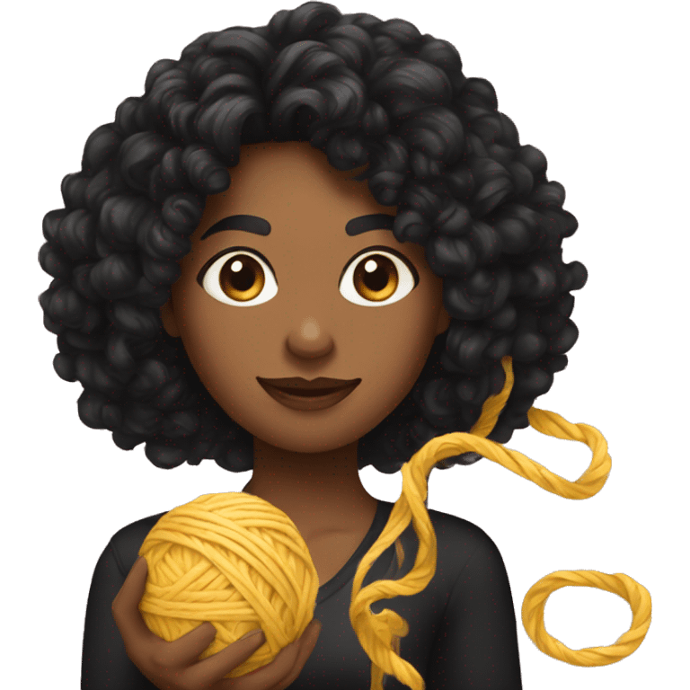 woman with long black curly hair holding one ball of yarn wearing a black shirt emoji