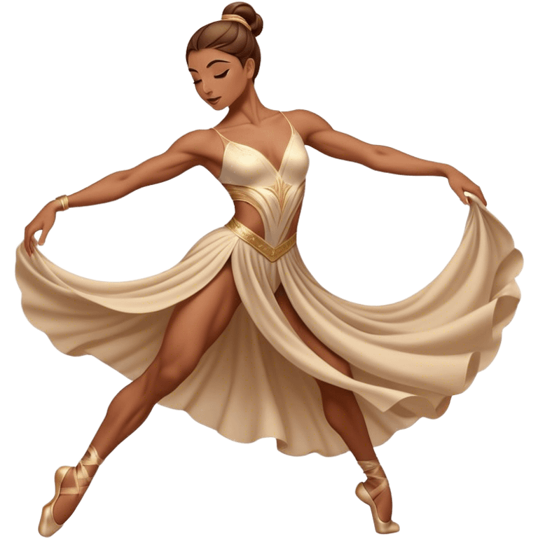 Cinematic Realistic Dance Poses, an elegant dancer mid-motion, muscles tensed with control, soft fabric of their attire flowing with movement, dramatic lighting highlighting the graceful lines, glowing with passion and poise. emoji