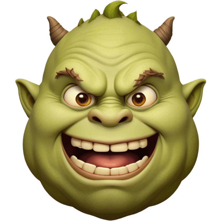 Cinematic Comical Ogre Portrait Emoji, with a strikingly exaggerated, bulky figure in vivid earthy greens and browns, head tilted in a dramatically surprised expression with wide, comically bulging eyes and a goofy, oversized grin, simplified yet hilariously exaggerated, highly detailed with a soft, cartoonish glowing outline capturing the playful absurdity of a meme-worthy ogre! emoji