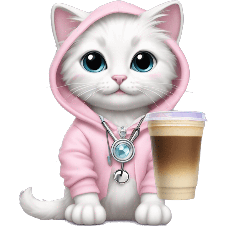 White rag doll kitten wearing a fancy light pink hoodie and a diamond filled stethoscope necklace with iced coffee  emoji