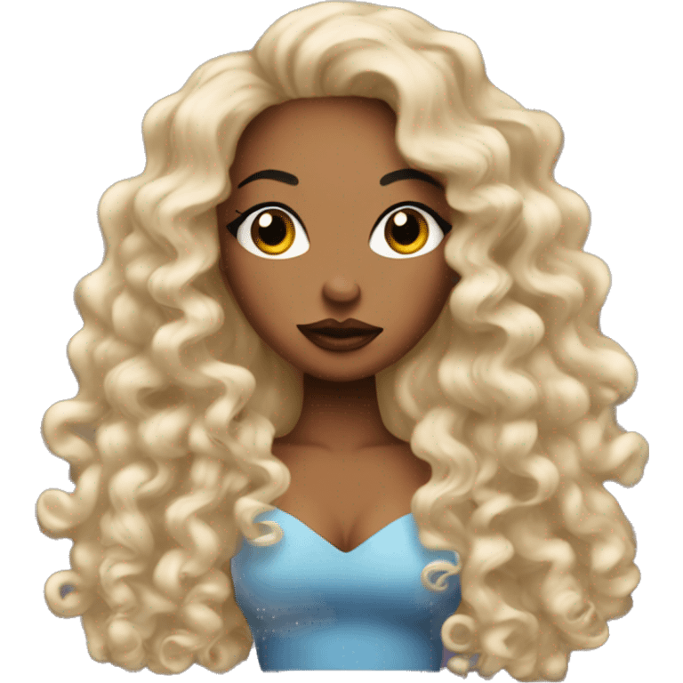 A baddie emoji with long eyelashes and big lips with long nails and it has curly hair emoji