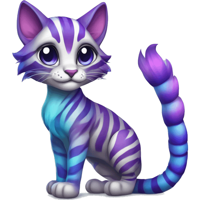 Colorful vernid fantasy creature LiLaiRa Kamirah Falvie whiskers paws full body purple blue gradient stripes braided tail feline emoji