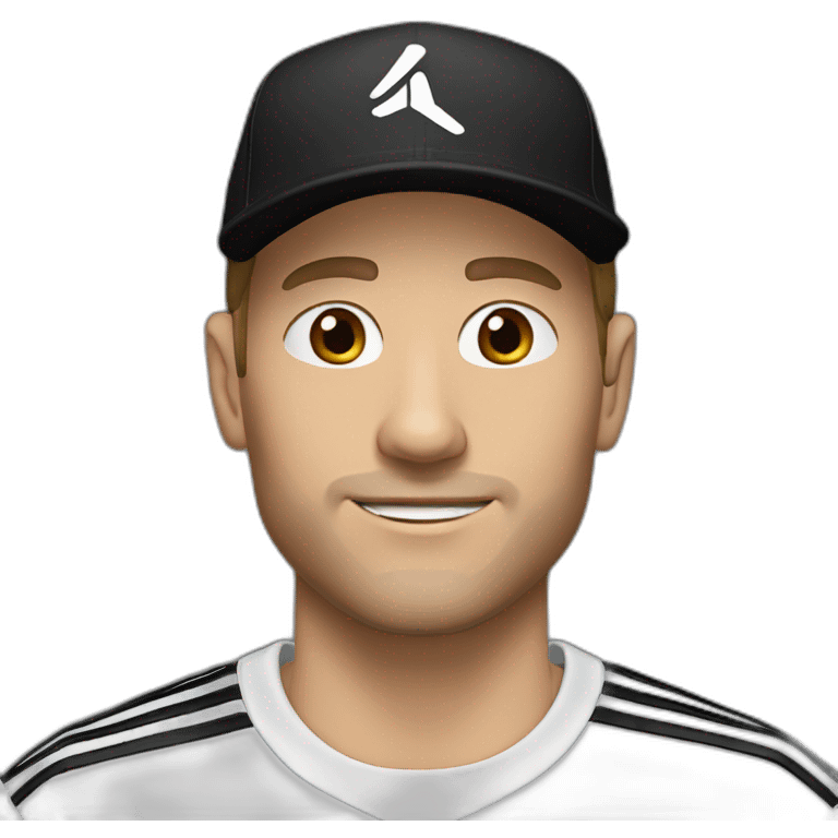 white man with stubble and a black adidas cap that has a white logo emoji