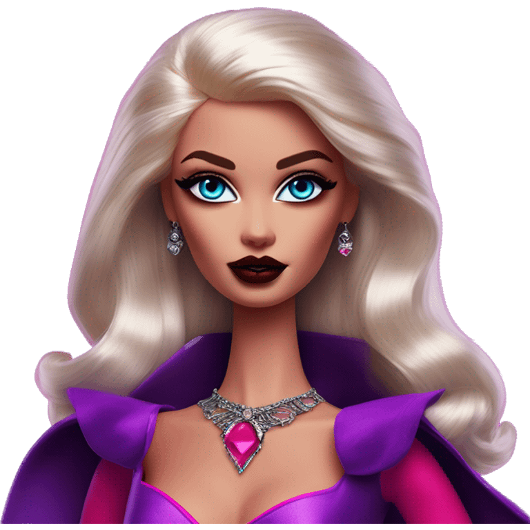 Synthwave Dracula in Barbie style, oil paint, epic eyes, intricate lips, exquisite pose, beautiful, desirable, logical emoji