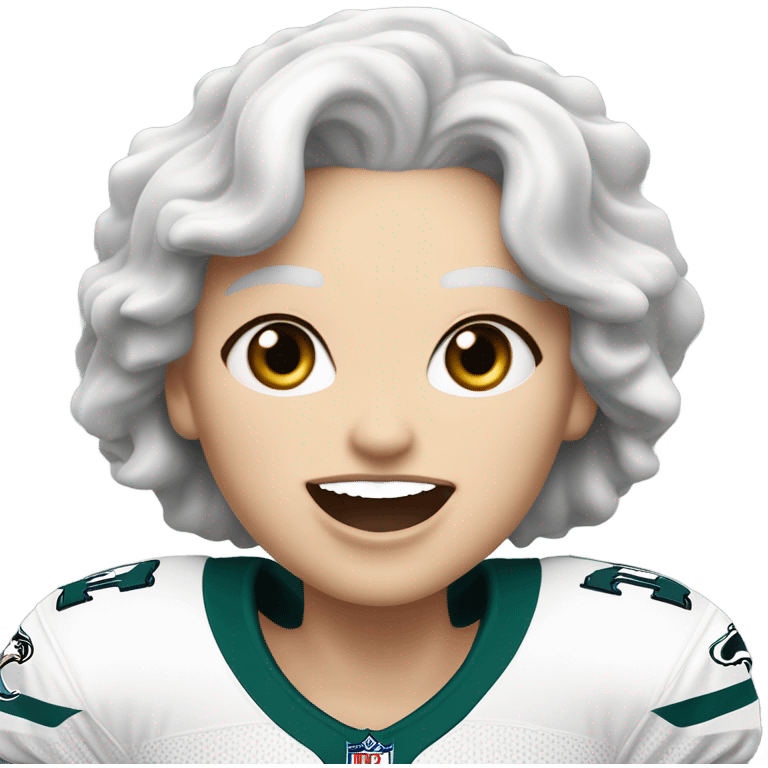 White female older female light skin light lips white hair short hair wavy hair blue-green eyes wearing Philadelphia eagles jersey cheering emoji