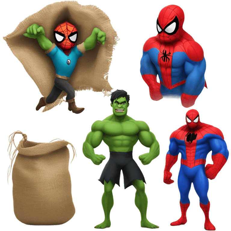 Spider-Man, Hulk, scarecrow, and Wizard of Oz witch together emoji