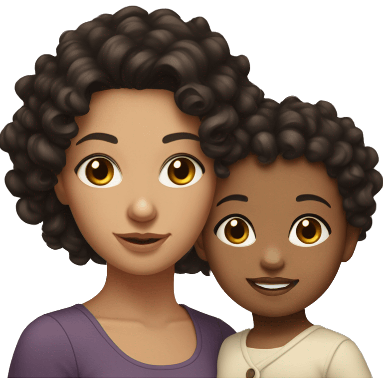 Brunette fair skinned woman with dark brown eyes holding black haired toddler girl with curly hair and brown eyes  emoji