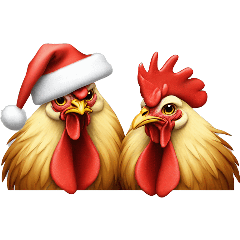 One rooster and two hens wearing Santa hats. emoji