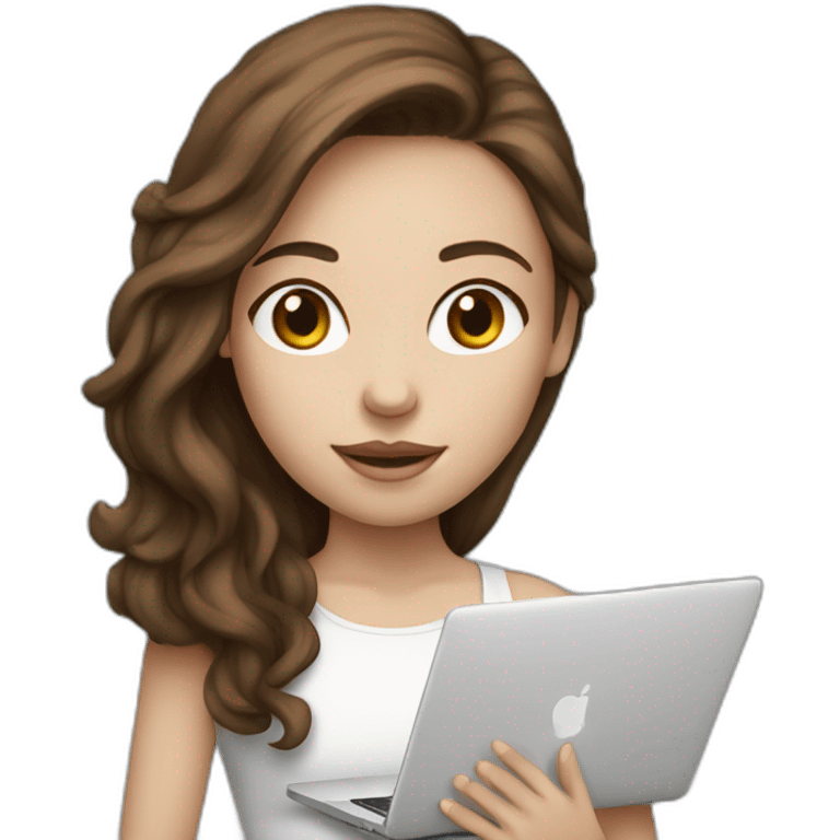 Girl with brown hair and white skin hold macbook emoji