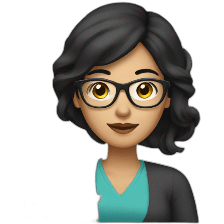 create emoji of a woman with medium black hair, wearing glasses and white, working with a computer emoji