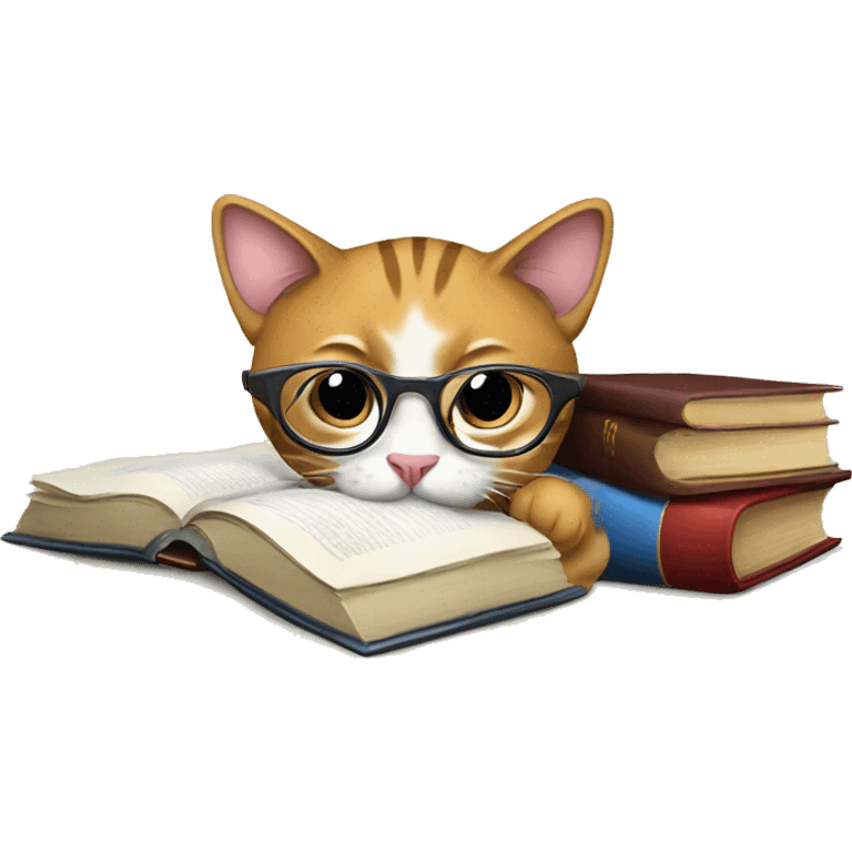 Cat studying, glasses, books, laptop emoji