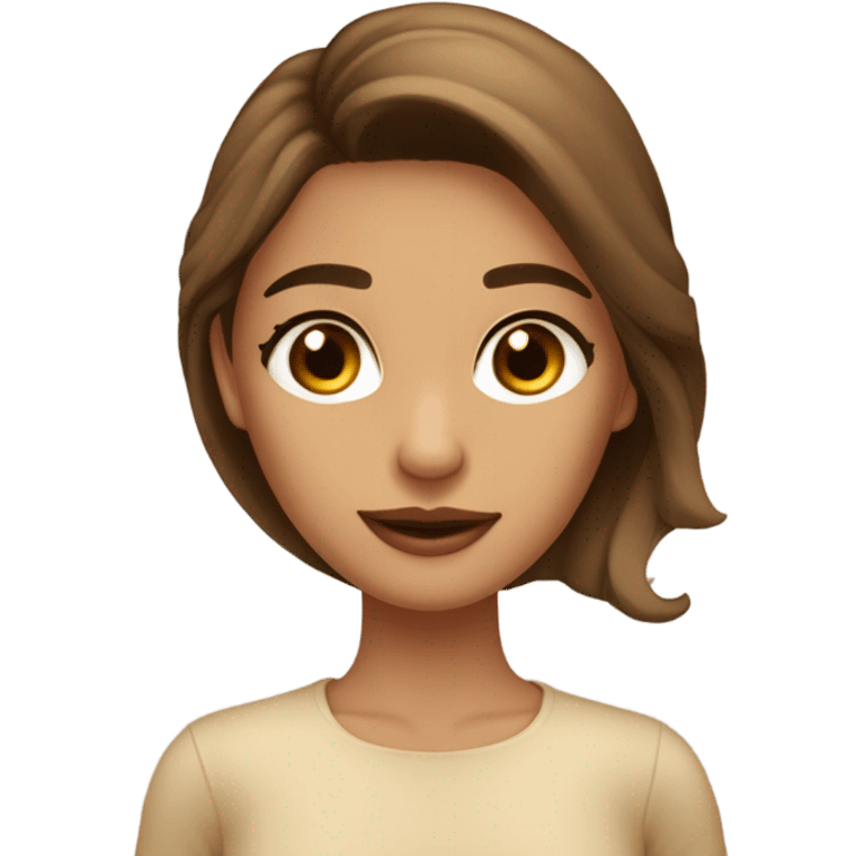 Chica morena con ojos marrones claros cabello color caramelo lacio con fleco y blusa beige emoji