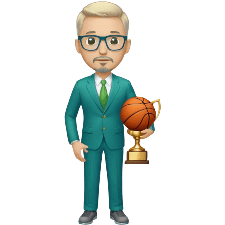 Full Body white  male large size wearing glasses with a goatee with light blonde and gray very short hair basketball head Coach in blue and green suit holding trophy emoji