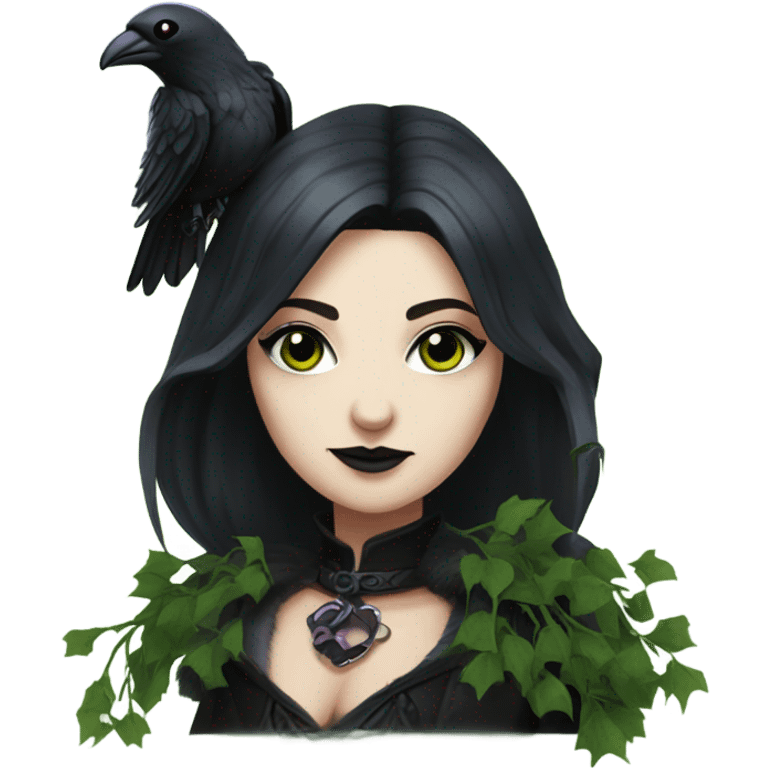 the morrigan goth woman version vines style furr robe stylish boots, perfect eyes, raven on hand, green vines decor on ground emoji