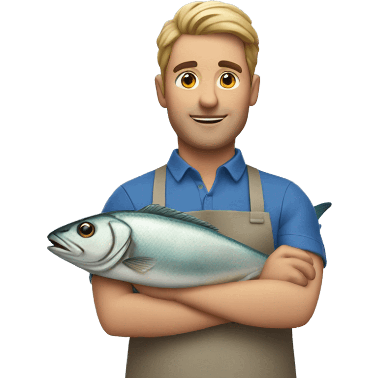 guy in a blue apron holding a fish emoji