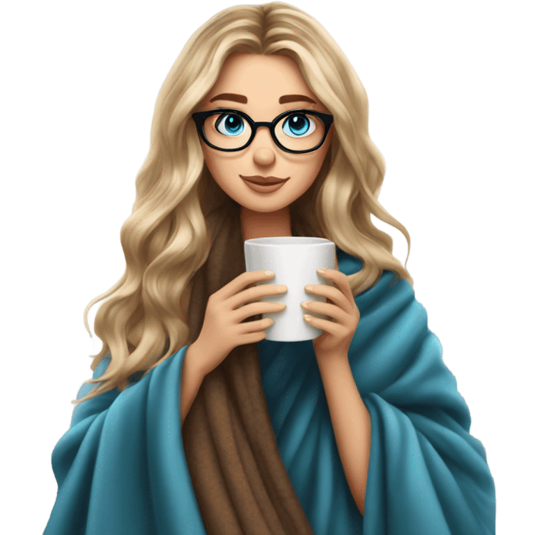 Balayage hair Girl drinking coffee, with a cozy blanket wearing glasses with blue eyes beautiful  emoji