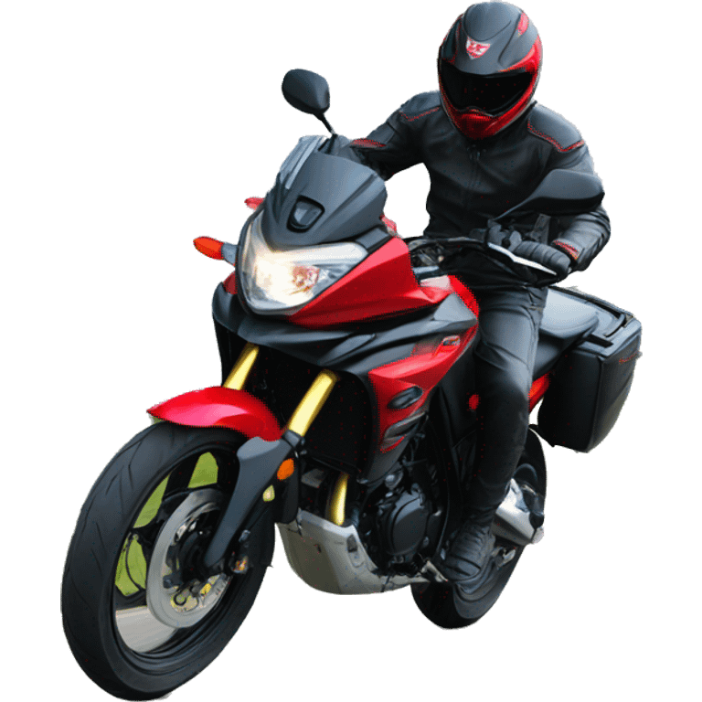 A man with red and black driving Suzuki v strom 250 emoji