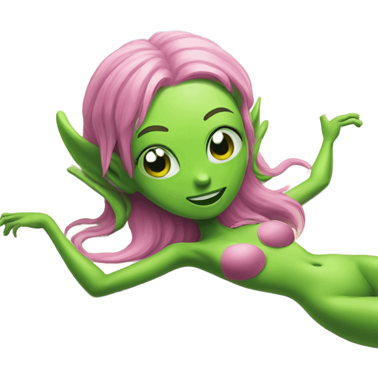 a green alien woman pink air, laying on the beach emoji