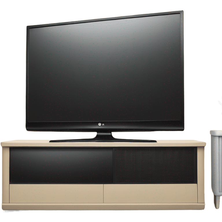 Lg tv with black screen on a beige tv stand emoji