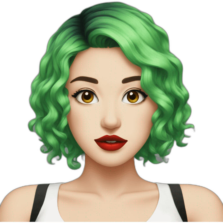 green hair, black outfit, white girl, red lips, portrait, e girl, short hair, black dress emoji