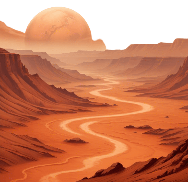 Cinematic Realistic Mars, portrayed with rugged, rust-colored landscapes, deep canyons, and swirling dust storms rendered with lifelike texture and an orange-hued glow that evokes the enigmatic allure of the Red Planet. emoji