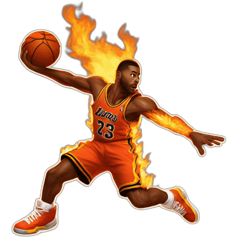 player from the video game "nba jam" dunking a basketball on fire emoji