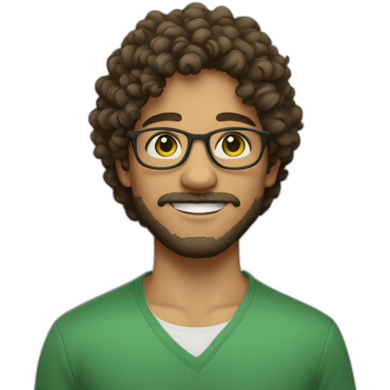 A young man with green eyes, wearing round glasses, curly hair, white skin, a bit of a beard, and a light moustache. emoji