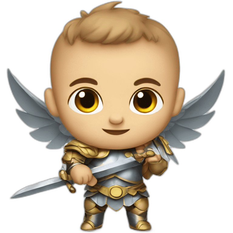 Cartoon baby warrior with wings and sword emoji