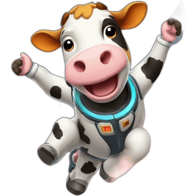 cow flying to space while wearing a jetpack that is emitting flames emoji