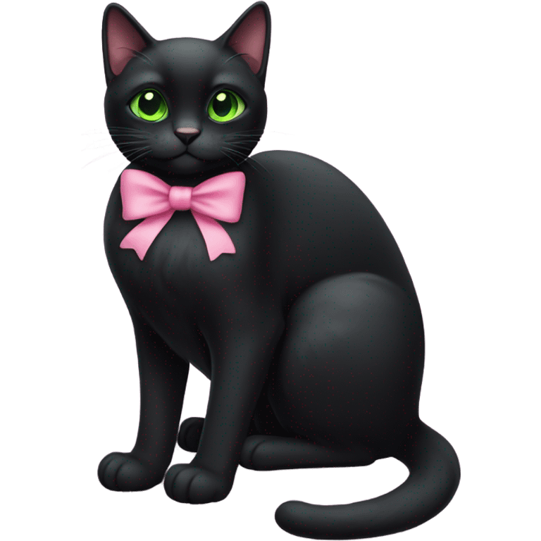 Black cat with green eyes and pink bow sitting down emoji