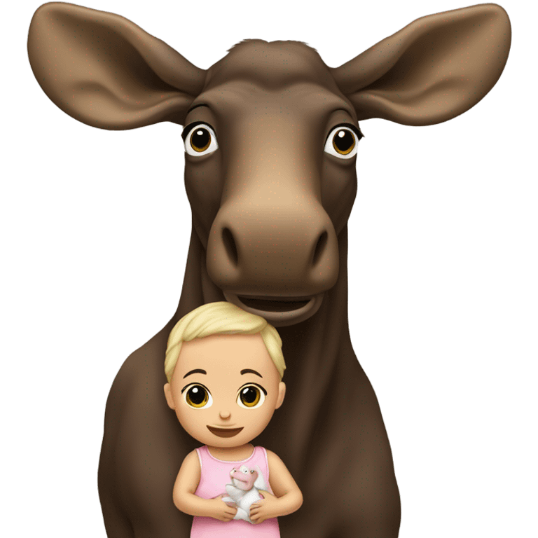 Live moose holding a lifelike baby doll emoji