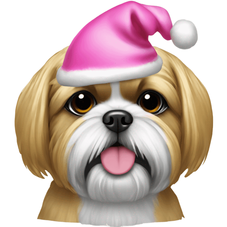 gold Shih Tzu with pink christmas hat emoji