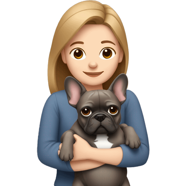 light brown hair woman hugging a dark gray french bulldog emoji