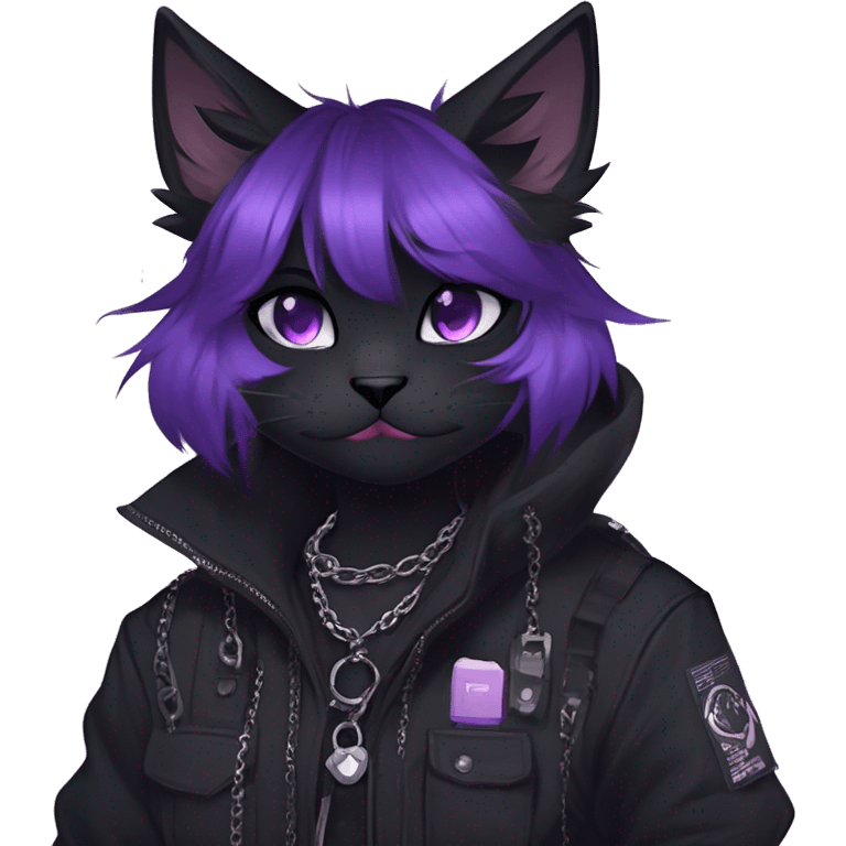 Gorgeous furry gothic dark techwear anime style anthro black cat furry sona Fakemon with blushing face aesthetic and pretty edgy black with violet collar and harness trending style chains cargo pants tomboy emoji