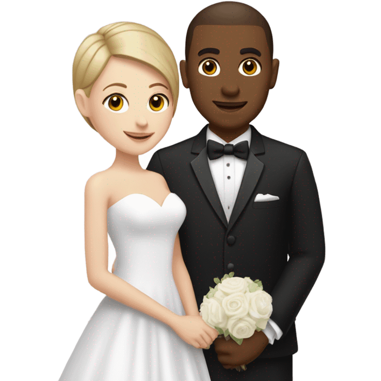 a white girl in a wedding dress with highlights in her short hair and a dark brown guy in a tux with a buzz cut  emoji