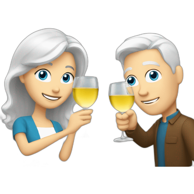 a white man with blue eyes and grey hair toasting with a white woman with brown eyes and blond hair toasting together with a white wine emoji