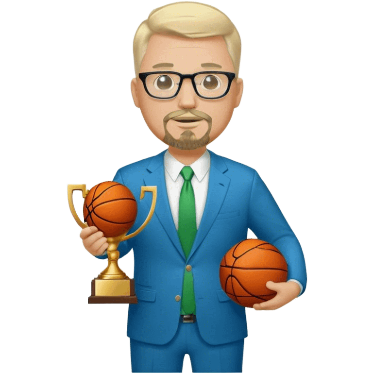 Full Body white fat male  wearing glasses with a goatee with light blonde gray very short hair basketball head Coach in blue and green suit holding trophy emoji