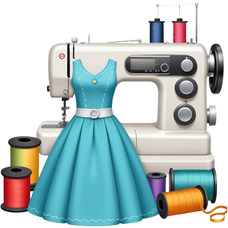 Sewing icon, measuring tape, pins, scissors, and a dress in progress, sewing machine with thread, visible needle, spools of thread, fabric pieces cut according to patterns, minimalistic style, clean lines, transparent background. emoji